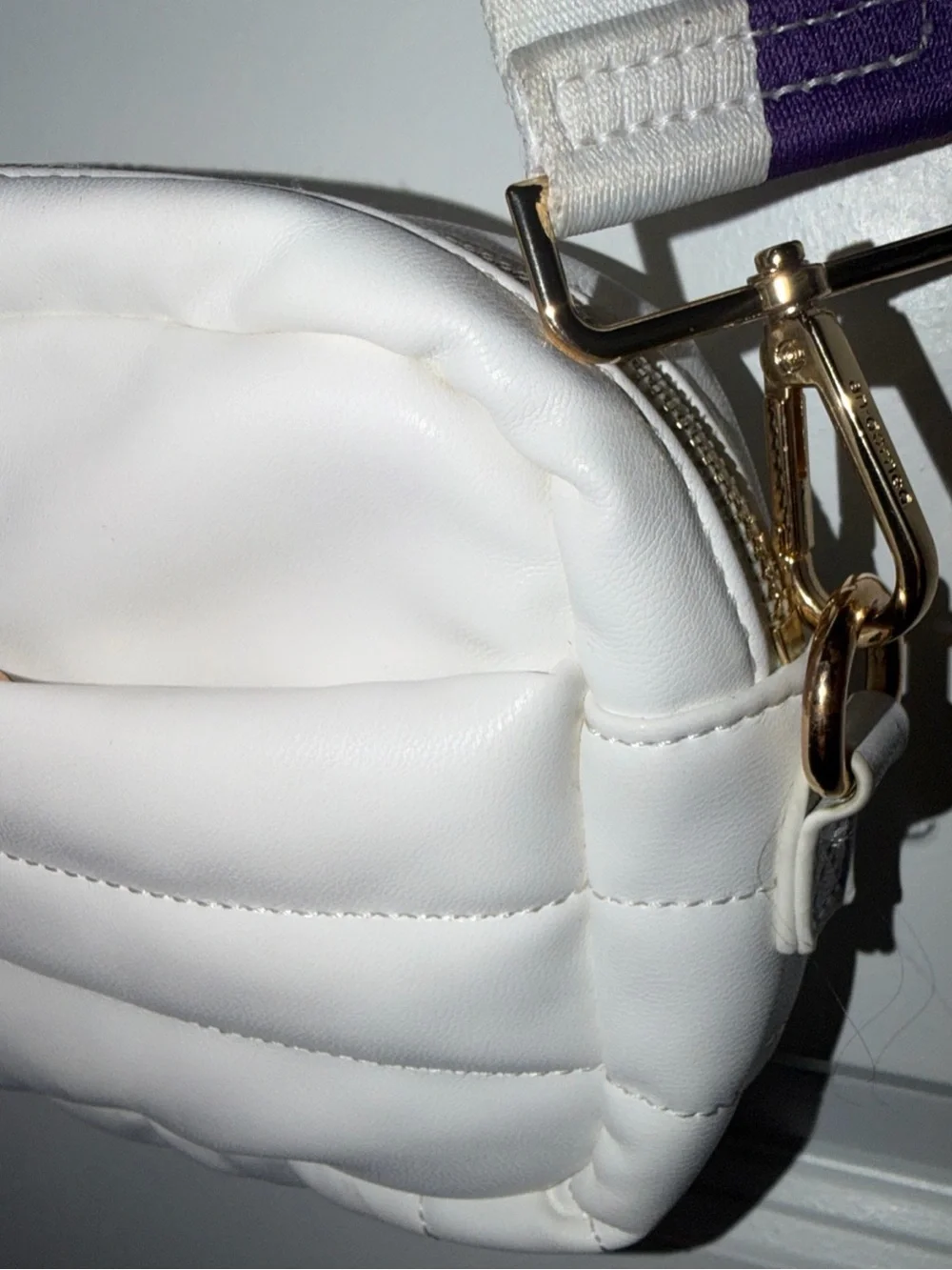 White Quilted Crossbody Bag with Contrast Purple-Trim Strap